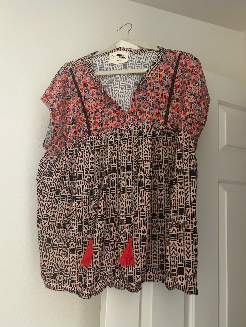 Savanna Jane Pink & Black Mixed Print V-Neck Blouse with Tassels